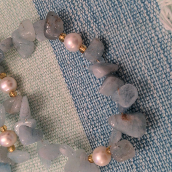 Genuine Aqua & pearl necklace.  New Handcrafted. 18 ". Gold accents - Picture 8 of 8